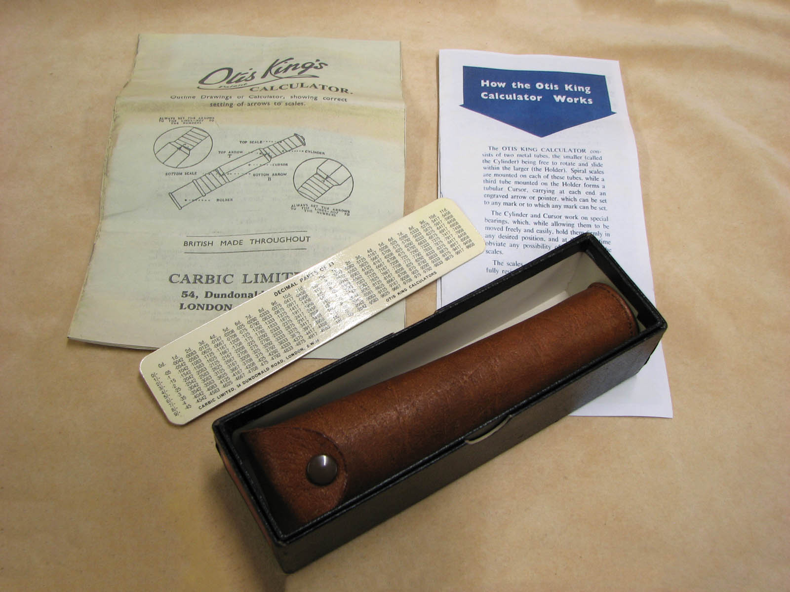 1960's Otis King Model K type C leather cased cylidrical slide rule calculator